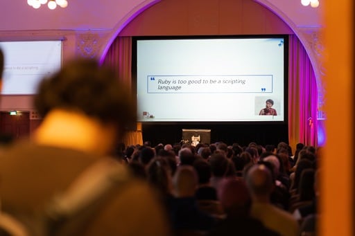 Matz's remote talk playing on the big screen