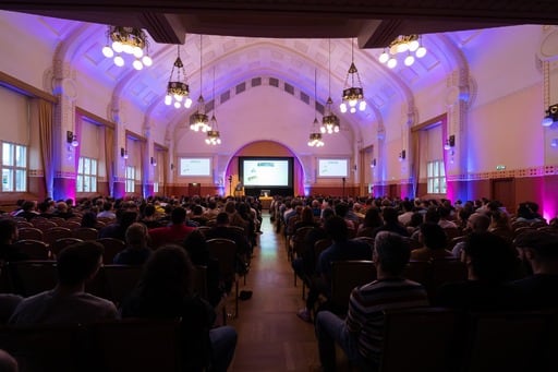 Andy Croll presents his closing keynote, a shot down the centre aisle of the congress hall